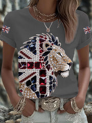 Women's British imitation diamond hot-drilling Printed Iron On Short Sleeve T-Shirt trupatriotic