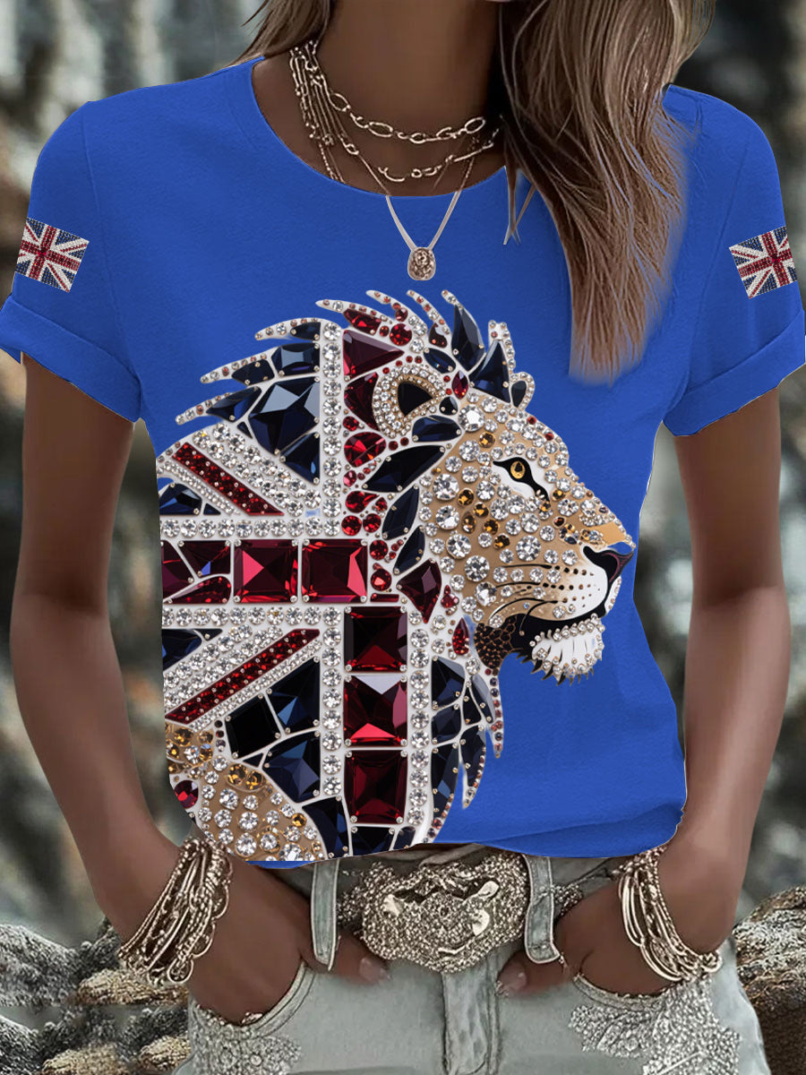 Women's British imitation diamond hot-drilling Printed Iron On Short Sleeve T-Shirt trupatriotic