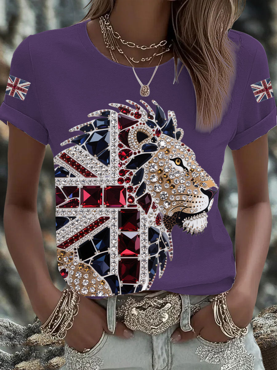 Women's British imitation diamond hot-drilling Printed Iron On Short Sleeve T-Shirt trupatriotic