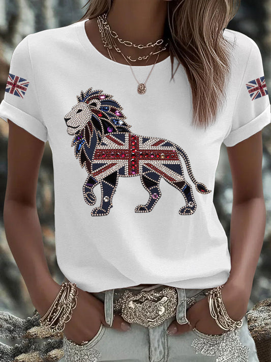 Women's British imitation diamond hot-drilling Printed Iron On Short Sleeve T-Shirt trupatriotic