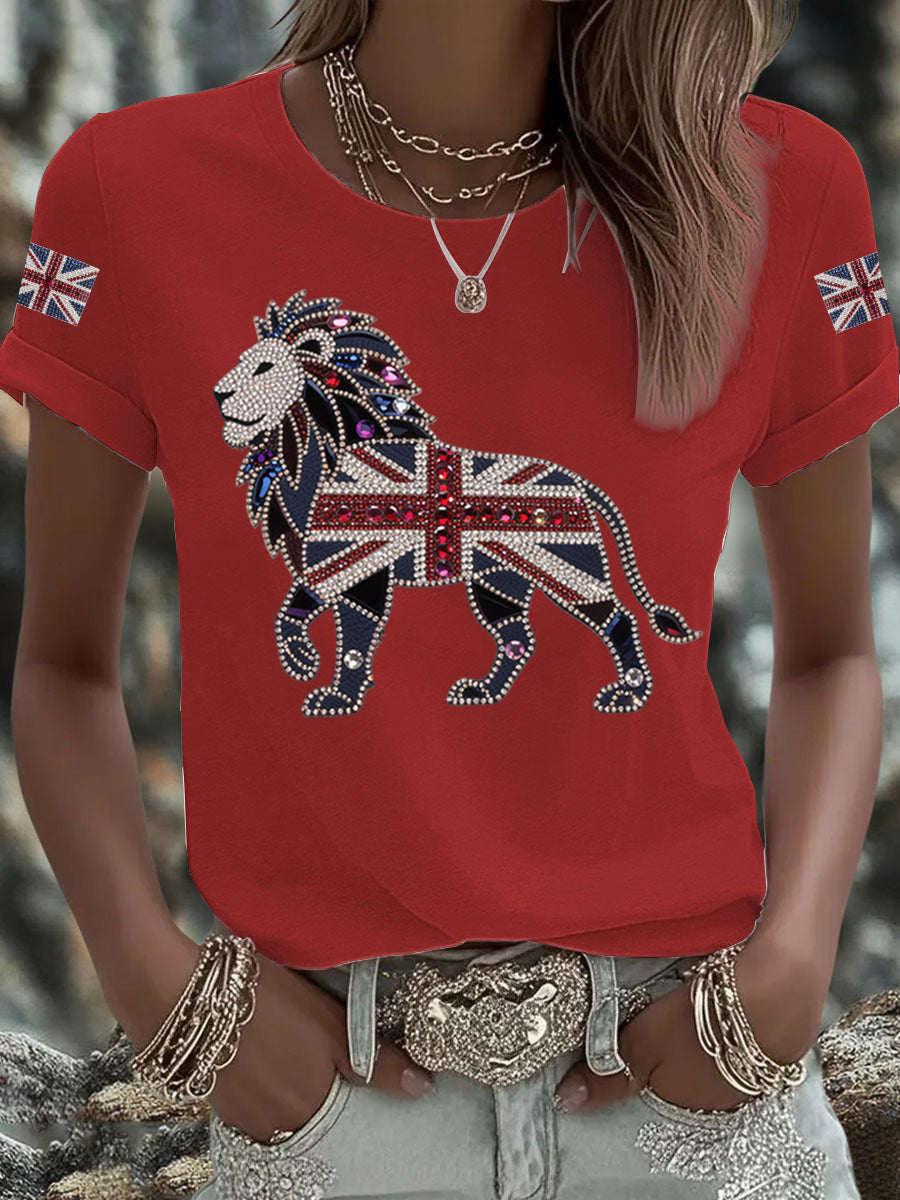 Women's British imitation diamond hot-drilling Printed Iron On Short Sleeve T-Shirt trupatriotic