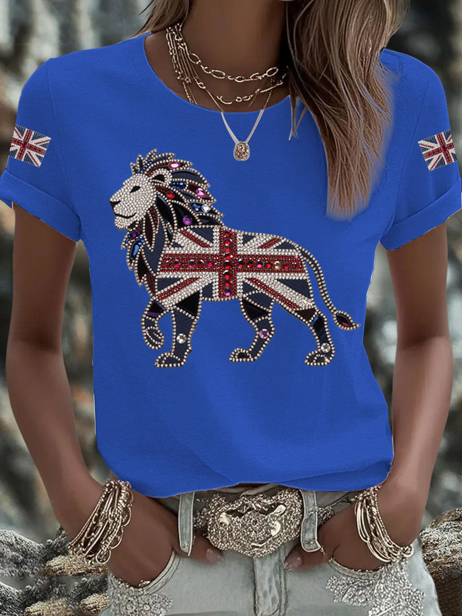 Women's British imitation diamond hot-drilling Printed Iron On Short Sleeve T-Shirt trupatriotic