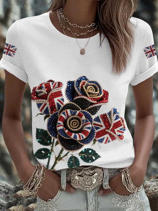 Women's British imitation diamond hot-drilling Printed Iron On Short Sleeve T-Shirt trupatriotic