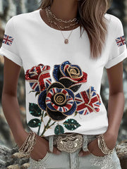 Women's British imitation diamond hot-drilling Printed Iron On Short Sleeve T-Shirt trupatriotic