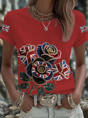 Women's British imitation diamond hot-drilling Printed Iron On Short Sleeve T-Shirt trupatriotic