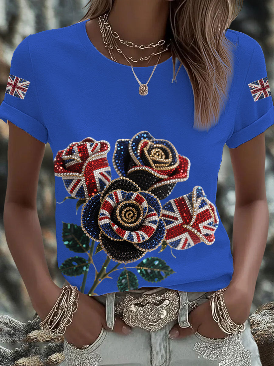 Women's British imitation diamond hot-drilling Printed Iron On Short Sleeve T-Shirt trupatriotic