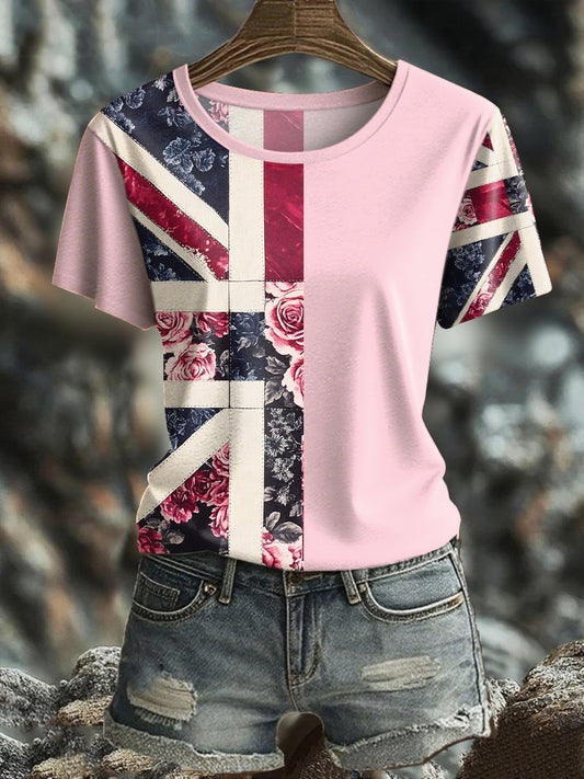 Women's UK Flag Floral Art Printed T-shirt trupatriotic