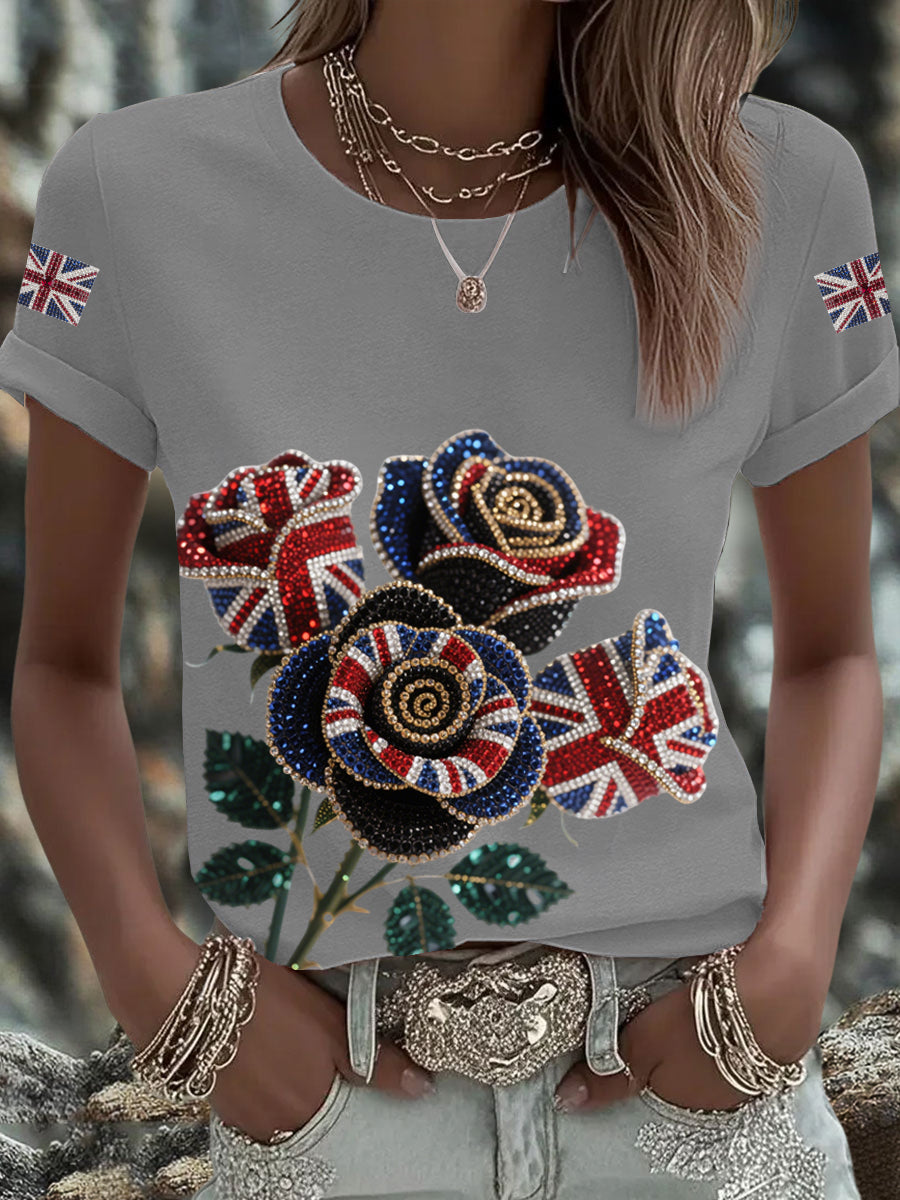 Women's British imitation diamond hot-drilling Printed Iron On Short Sleeve T-Shirt trupatriotic