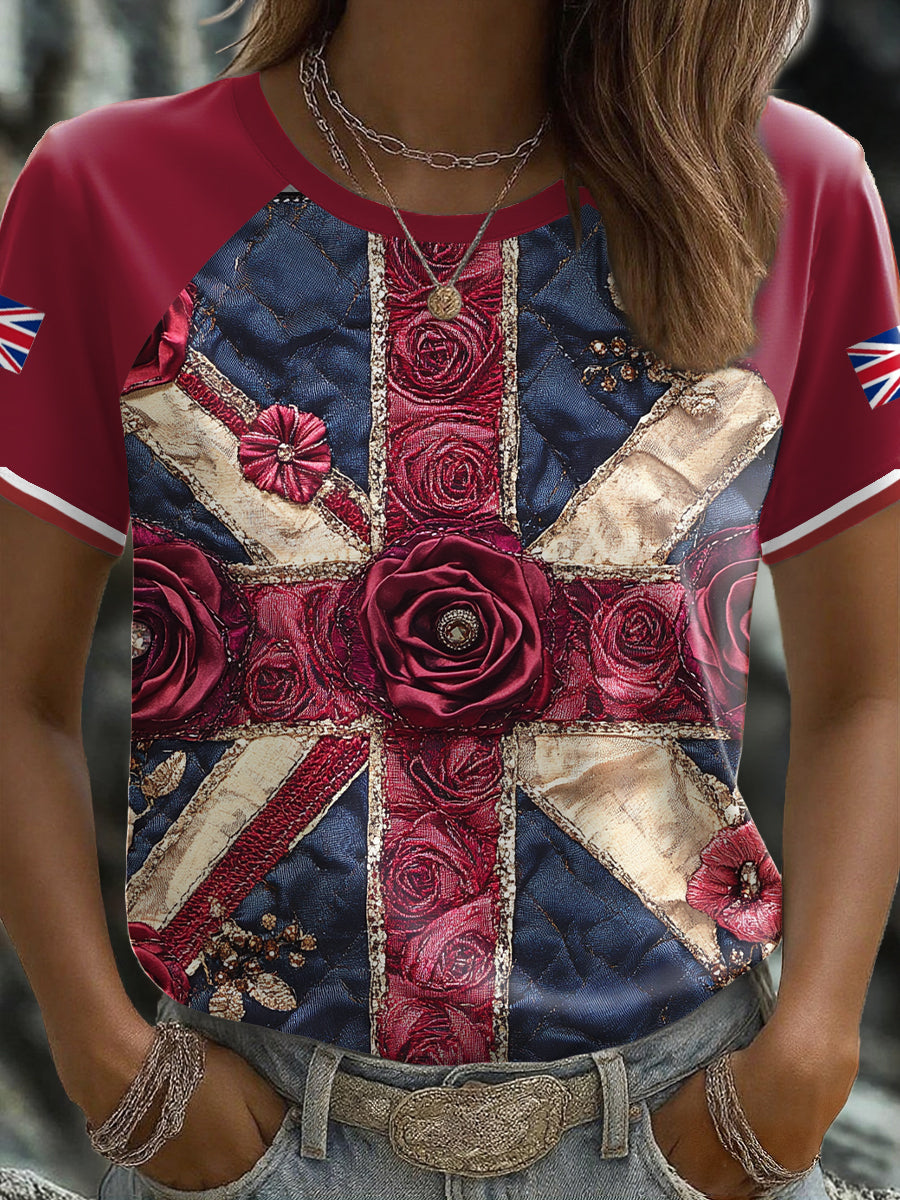 Women's UK Flag Floral Art Printed T-shirt trupatriotic