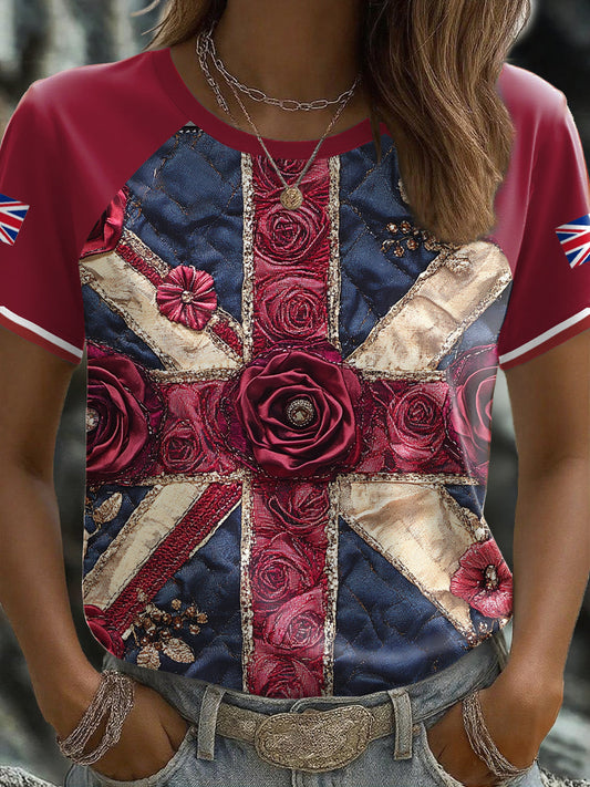 Women's UK Flag Floral Art Printed T-shirt trupatriotic