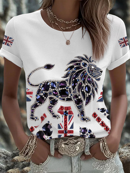 Women's British imitation diamond hot-drilling Printed Iron On Short Sleeve T-Shirt trupatriotic