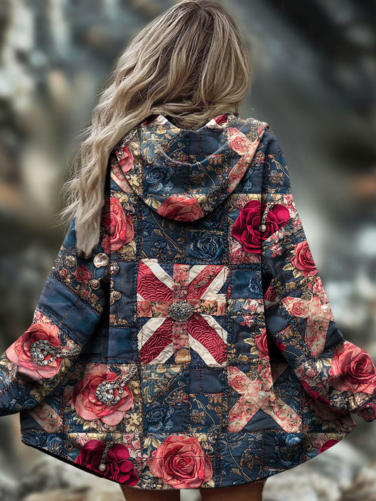 Women's UK Flag Floral Art Printed Coat trupatriotic