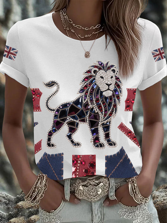 Women's British imitation diamond hot-drilling Printed Iron On Short Sleeve T-Shirt trupatriotic