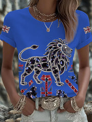 Women's British imitation diamond hot-drilling Printed Iron On Short Sleeve T-Shirt trupatriotic