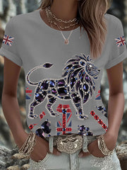 Women's British imitation diamond hot-drilling Printed Iron On Short Sleeve T-Shirt trupatriotic