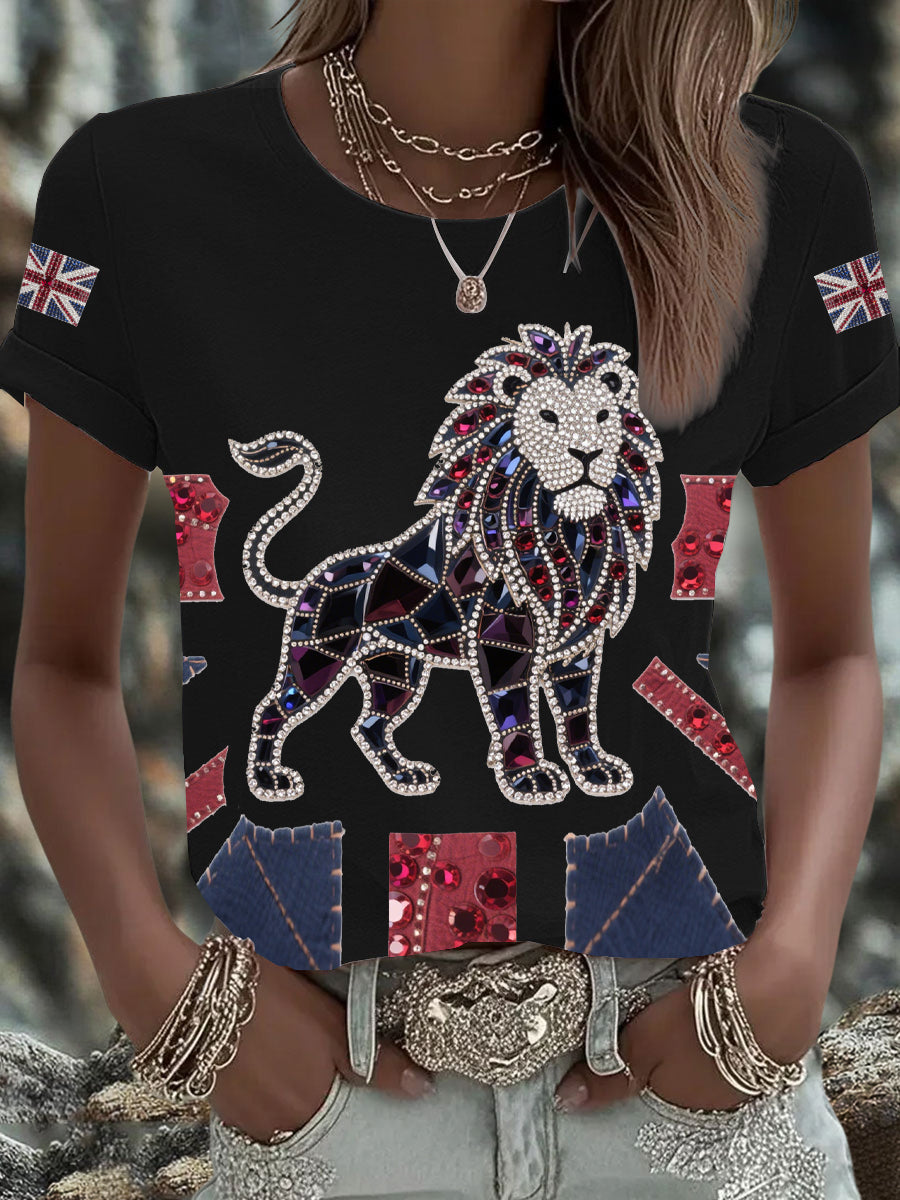 Women's British imitation diamond hot-drilling Printed Iron On Short Sleeve T-Shirt trupatriotic