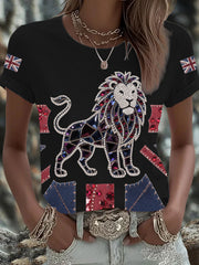 Women's British imitation diamond hot-drilling Printed Iron On Short Sleeve T-Shirt trupatriotic