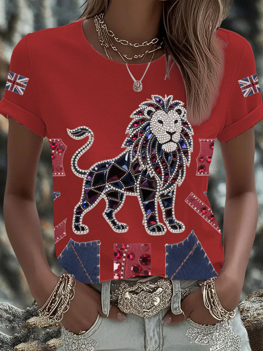 Women's British imitation diamond hot-drilling Printed Iron On Short Sleeve T-Shirt trupatriotic