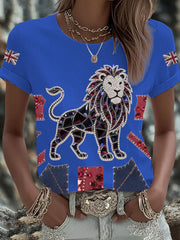 Women's British imitation diamond hot-drilling Printed Iron On Short Sleeve T-Shirt trupatriotic