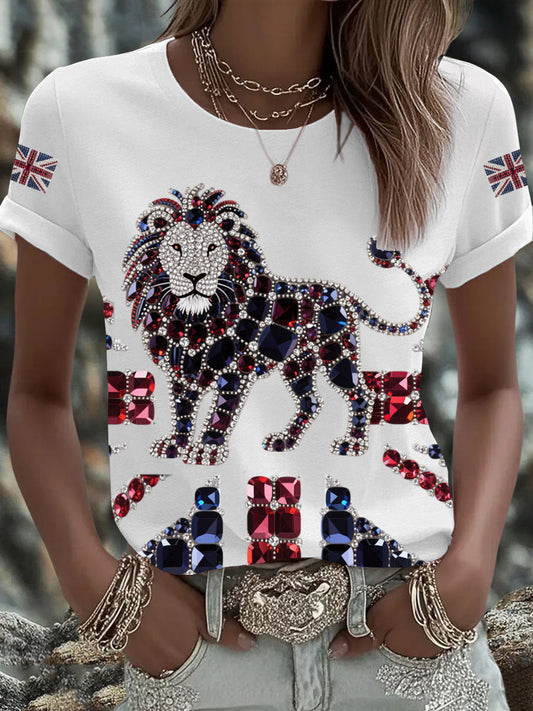 Women's British imitation diamond hot-drilling Printed Iron On Short Sleeve T-Shirt trupatriotic