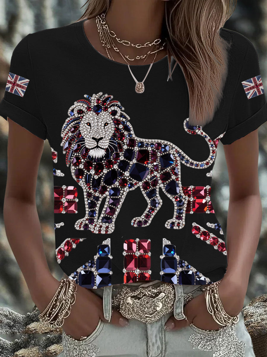 Women's British imitation diamond hot-drilling Printed Iron On Short Sleeve T-Shirt trupatriotic
