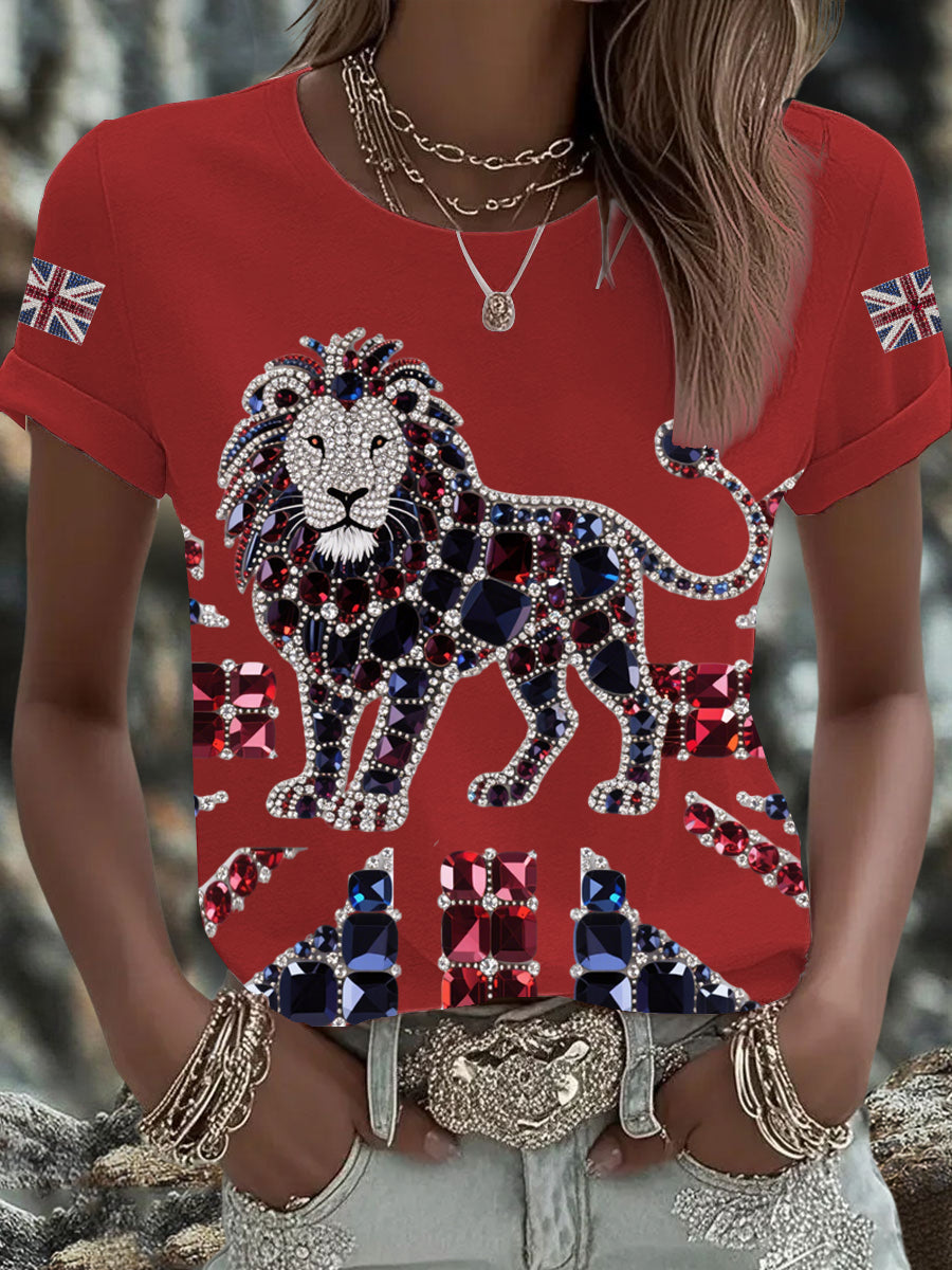 Women's British imitation diamond hot-drilling Printed Iron On Short Sleeve T-Shirt trupatriotic