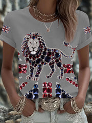 Women's British imitation diamond hot-drilling Printed Iron On Short Sleeve T-Shirt trupatriotic